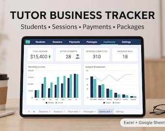 May include: A digital tablet displaying a Tutor Business Tracker dashboard with data for students, sessions, payments, and packages. The screen shows a total revenue of $15,400, 28 active students, 310 sessions completed, and 18 packages sold.