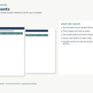 May include: A digital student reference list template by TutorDeskStudio featuring a table with columns for Student ID, Name, Subject, Level, Grade, Status, Lesson Frequency, Start Date, and Notes, with a list of features for tracking students.