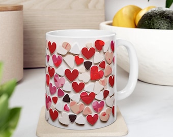 Heart Ceramic Mug Valentine Gift Idea Perfect Love Handcrafted Coffee Cup Red Shapes Romantic Tea Pink Tile Design Handmade Mother Day I