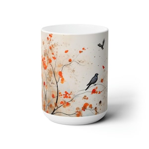 Autumn Tree Mug Bird Design Ceramic Cup Colorful Trees Kitchen Decor Nature Inspired Artistic Pottery Microwave Safe Large Coffee Hot