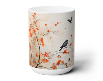 Autumn Tree Mug Bird Design Ceramic Cup Colorful Trees Kitchen Decor Nature Inspired Artistic Pottery Microwave Safe Large Coffee Hot