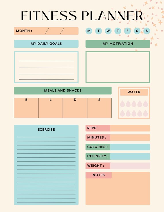 Printable Fitness Planner Daily Health Organizer Template Workout Tracker Weight Loss Goal Setting Meal Planning Nutrition Guide Exercise