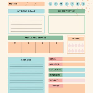 Digital Fitness Planner Printable Workout Journal Template Daily Health Tracker Activity Log Exercise Meal Planning Weight Loss Goal