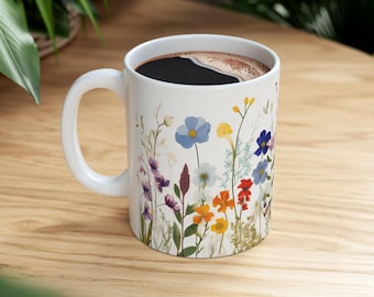 Wildflower Ceramic Mug Spring Floral Cup Design Botanical Drink Holder Handcrafted Coffee Container Kitchen Tea Accessory Gift Mom Birthday
