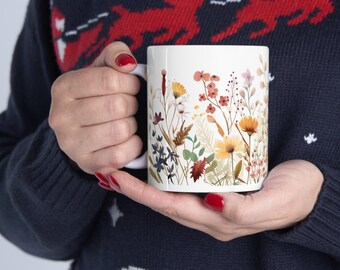 Pressed Wildflower Mug Botanical Design Floral Ceramic Nature Inspired Cup Gift Flower Enthusiast Kitchen Accessory White Coffee Lover Tea