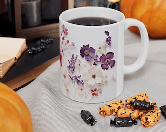 Pressed Flower Mug Botanical Design Floral Cup Purple Wildflower Coffee Ceramic Pink Decoration Kitchen Accessory Dishwasher Safe Microwave