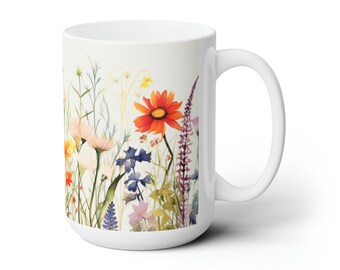 Wildflower Ceramic Mug Colorful Design Boho Style Floral Art Coffee Cup Botanical Illustration Handpainted Detail Microwave Safe Dishwasher
