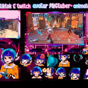 Puede incluir: Diseño de arte digital con una superposición de juego para Twitch y TikTok. El diseño incluye un avatar de dibujos animados con cabello azul y un atuendo naranja y blanco, junto con emotes animados y pantallas de juego. El texto "overlay tiktok & twitch avatar PNGtuber + animates emotes" está en la parte superior.