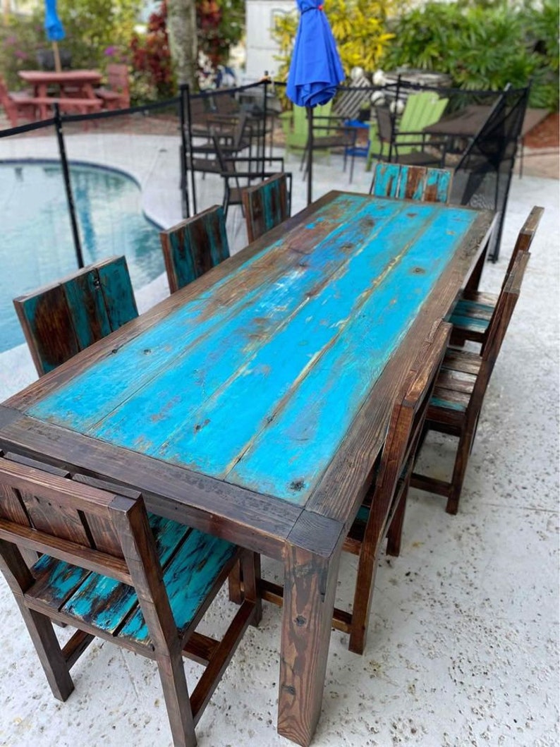 Outdoor Rustic Wooden Dining Table and Dining Set Custom Sizes Available. All Outdoor Treated