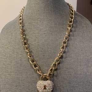 Aurora Borealis Heart Lock on Gold Tone Chunky Link Necklace