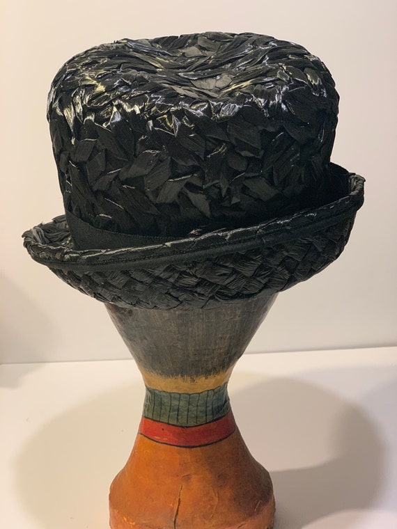 1960s vintage Macy’s black raffia fedora hat - image 3