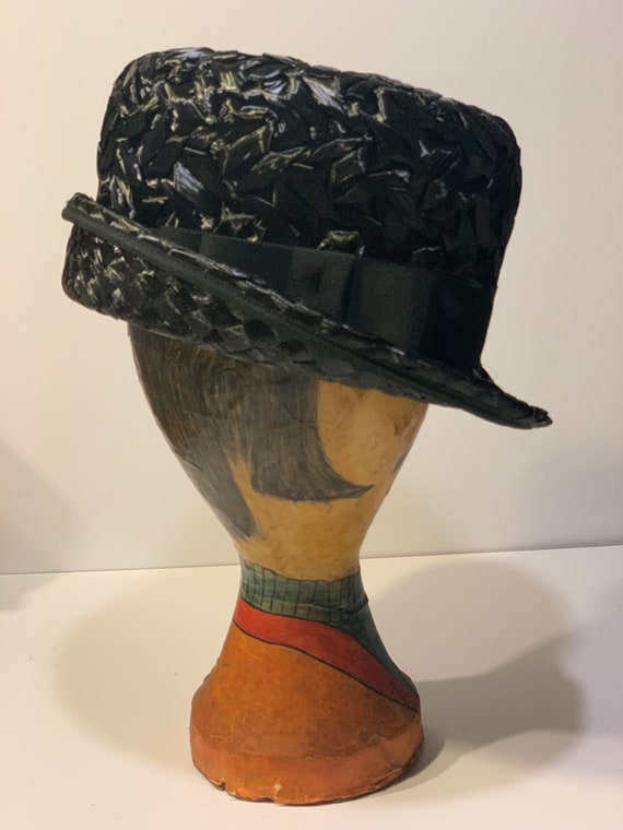 1960s vintage Macy’s black raffia fedora hat - image 2