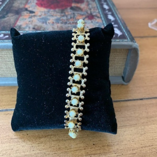 Midcentury Gold Tone Book Chain Bracelet with Pearl Stations
