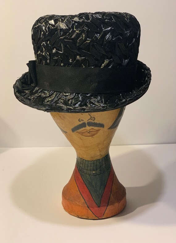 1960s vintage Macy’s black raffia fedora hat Gem