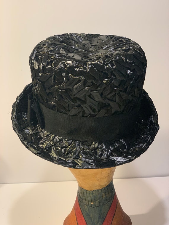 1960s vintage Macy’s black raffia fedora hat - image 4