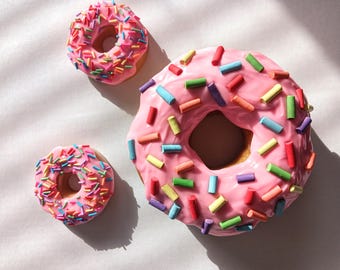 Large Donut, Colorful Wall Art, Pink Frosted, Rainbow Sprinkles, Food Art, Sculpture, Kitchen, Living Room, Bedroom Decor