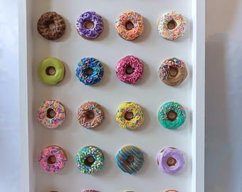 Donut Wall Art: 2 Dozen Donut Sculptures on Birch Canvas, Pop Art, Colorful Food Art, Kitchen Decor, Nursery, Kids Room