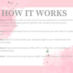 Peut inclure: Fond aquarelle rose et blanc avec une bo&icirc;te de texte grise d&eacute;crivant comment utiliser un mod&egrave;le Canva. La bo&icirc;te de texte comprend les &eacute;tapes&nbsp;: passer une commande sur Etsy, cr&eacute;er un compte Canva gratuit, modifier le mod&egrave;le et enregistrer et t&eacute;l&eacute;charger le mod&egrave;le au format PNG, PDF ou JPEG. La bo&icirc;te de texte comprend &eacute;galement une note recommandant d&rsquo;utiliser du papier cartonn&eacute; &eacute;pais de 70 &agrave; 100&nbsp;lbs.