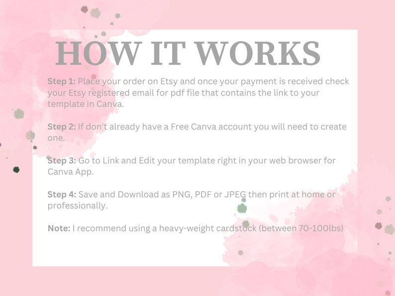 Peut inclure: Fond aquarelle rose et blanc avec une bo&icirc;te de texte grise d&eacute;crivant comment utiliser un mod&egrave;le Canva. La bo&icirc;te de texte comprend les &eacute;tapes&nbsp;: passer une commande sur Etsy, cr&eacute;er un compte Canva gratuit, modifier le mod&egrave;le et enregistrer et t&eacute;l&eacute;charger le mod&egrave;le au format PNG, PDF ou JPEG. La bo&icirc;te de texte comprend &eacute;galement une note recommandant d&rsquo;utiliser du papier cartonn&eacute; &eacute;pais de 70 &agrave; 100&nbsp;lbs.