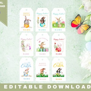 May include: Nine printable Easter gift tags featuring cute bunny illustrations. Each tag has a different bunny design and says "Happy Easter!" or "Happy Easter" with a space for a name.