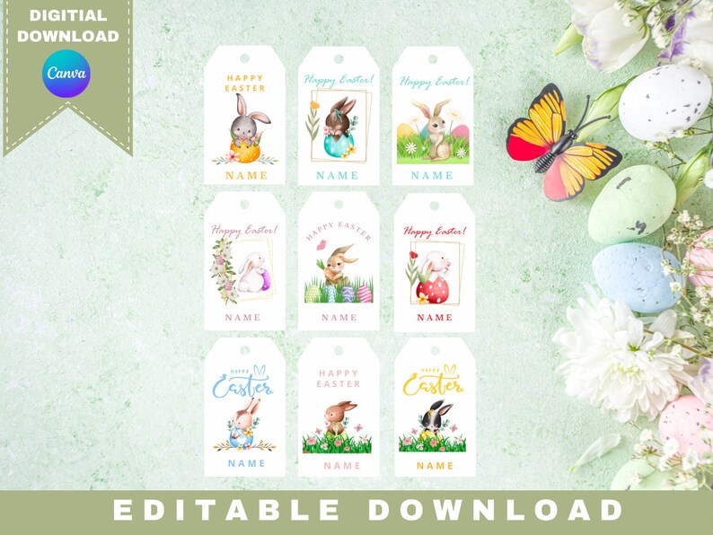 Peut inclure: Neuf &eacute;tiquettes cadeaux de P&acirc;ques imprimables avec des illustrations de lapins mignons. Chaque &eacute;tiquette a un design de lapin diff&eacute;rent et dit "Joyeuses P&acirc;ques !" ou "Joyeuses P&acirc;ques" avec un espace pour un nom.