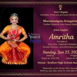 Arangetram Invitation Template, Indian Classical Dance Invitation Template, editable in Canva