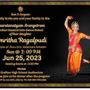 Dance Recital Invitation, bharatanatyam, kuchippudi, kathak editable in Canva