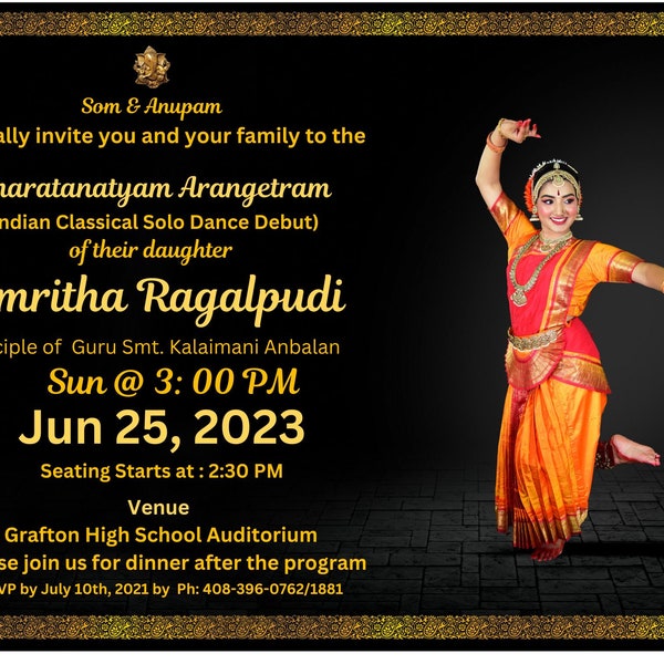 Arangetram evite.com upload your own Template, Indian Classical Dance Invitation, bharatanatyam, kuchippudi, kathak editable in Canva