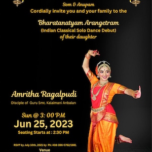 Arangetram EVITE.COM Upload Your Own Media Invitations, Indian Classical Dance Invitation, bharatanatyam, kuchippudi, kathak Canva editable