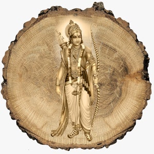May include: A golden statue of a Hindu deity with a bow and arrow, standing on a wooden tree trunk slice background.