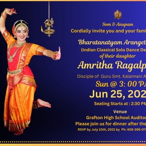 Arangetram evite.com custom template editable in Canva, Indian Classical Dance Invitation, bharatanatyam, kuchippudi, kathak