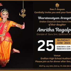 Canva custom template for Arangetram size usable in evite.com , Indian Classical Dance Invitation, bharatanatyam, kuchippudi, kathak
