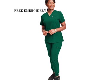 Embroidered V-Neck Scrub Set, 7-Pocket Joggers, Doctor Nurse Uniform