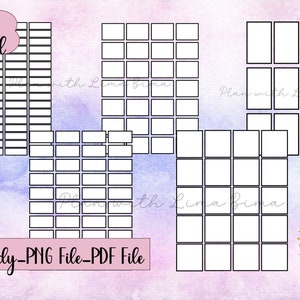 Puede incluir: Plantillas de planificador digital en varios tamaños, incluido Classic HP. La imagen presenta múltiples diseños rectangulares con bordes negros, etiquetados como "5 tamaños incluidos" y "Cricut Ready - PNG File - PDF File". Un gráfico de corazón rosa con una mano está en la esquina.