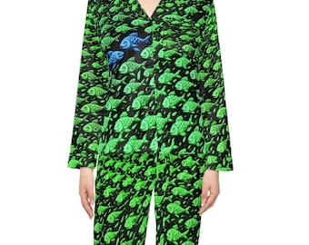 Green Fish Print Satin Pajama Set