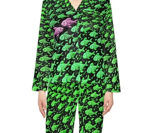 Green Fish Print Satin Pajamas Set