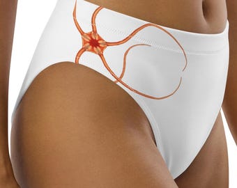 Orange Starfish White Bikini Bottoms, Ophiopleura borealis by Prince Albert of Monaco, Recycled High-Waisted Swimwear, Eco-Friendly Marine