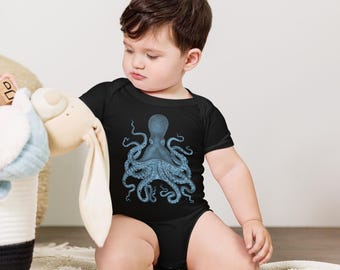 Baby Short Sleeve Bodysuit with Pink or Blue Octopus