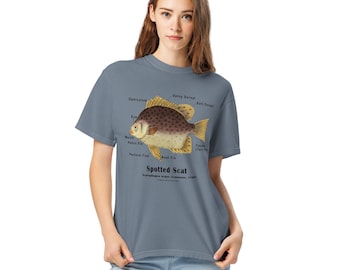 Spotted Scat Anatomy Shirt, M.E. Bloch Fish Drawing, Labeled Science Tee, Garment-Dyed Unisex Ocean Shirt