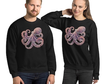 May include: Black long-sleeved sweatshirts with a detailed illustration of a purple and pink octopus. The octopus design is centered on the front of the sweatshirt. The sweatshirts are worn by two people.