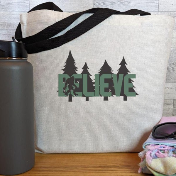 Bigfoot Believer Funny Tote Reusable Grocery Bag, Outdoors Hiking Bag, Trail Hiking Camping Tote Bag, Canvas Shoulder Tote Bag