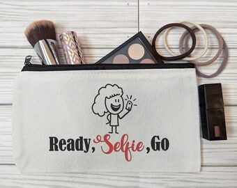 Ready, Selfie, Go Pouch, Small Bag for Makeup, Pencil Bag Pouch, Cosmetic Bag, Gift for Women, Tween Gift, Cute Bag for Girls, Canvas Bag