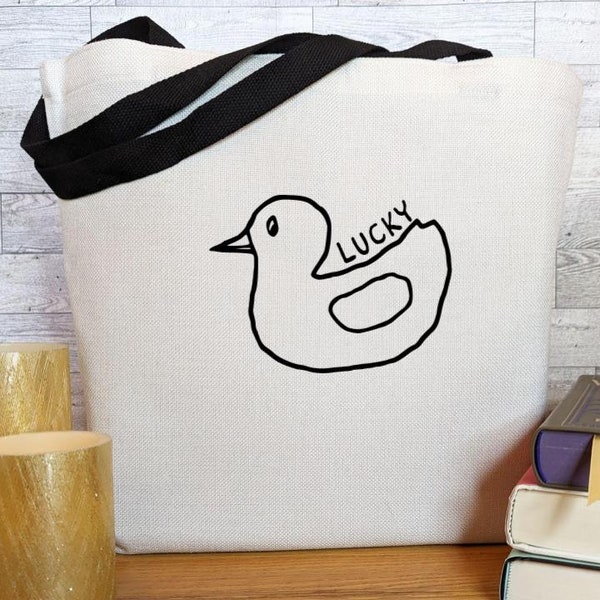 Lucky Duck Tote Reusable Gift Grocery Bag, Funny Drawing, Eco-Friendly Duck Bag, Shoulder Canvas Tote Bag, Market Bag, Vacation Carry-on bag