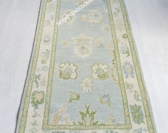 Handmade Wool Oushak Runner Rug 3x9 | Blue & Green living Room Rug | Turkish Knott Vintage Rug 6x9