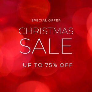 May include: A red background with blurred white circles and text that reads "SPECIAL OFFER CHRISTMAS SALE UP TO 75% OFF". The text is in a clean, modern font, and the overall design is festive.