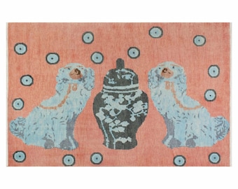 Pink Turkish Knot Vintage Rug 8x10, Animal Print Handmade Area Rug 9x12 Home Decor