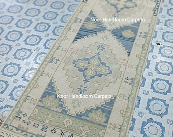 Handmade Wool Oushak Runner Rug 3x9, Blue Beige Vintage Turkish Knot Rug | Area Rug for Living Room 6x9
