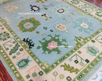 Turkish Oushak Rug 8x10 | Handmade Living Room Rug 9x12 | Blue Vintage Rug 6x9