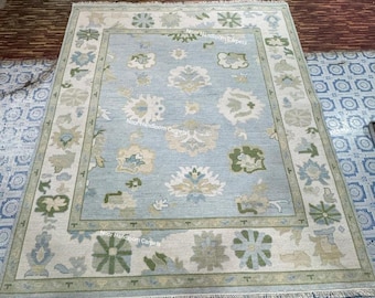 Rug | Handmade Blue Vintage Rug 8x10 | Turkish Oushak Rug 9x12 | Custom Size Area Rug