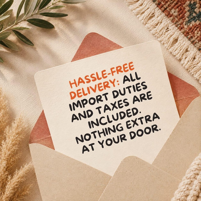May include: A square off-white card tucked inside a light brown envelope. The card features orange and black text that reads: HASSLE-FREE DELIVERY: ALL IMPORT DUTIES AND TAXES ARE INCLUDED. NOTHING EXTRA AT YOUR DOOR. The card has rounded corners.